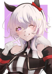  1girl absurdres animal_ears bare_shoulders black_hairband blush bow breasts coat commentary_request curren_chan_(fille_eclair)_(umamusume) curren_chan_(umamusume) dress ear_bow ear_covers gloves grey_hair grin hairband highres horse_ears horse_girl long_sleeves looking_at_viewer medium_breasts niihiro216 off-shoulder_coat off-shoulder_dress off-shoulder_jacket off_shoulder one_eye_closed open_mouth pointing pointing_at_self red_bow short_hair smile solo striped_clothes striped_dress teeth umamusume upper_body upper_teeth_only vertical-striped_clothes vertical-striped_dress violet_eyes white_gloves 