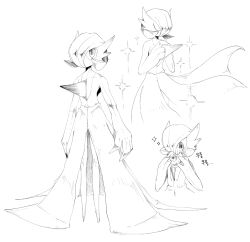  1girl avocado_539 bob_cut eating full_body gardevoir hair_over_one_eye highres looking_at_viewer monochrome multiple_views one_eye_covered pokemon pokemon_(creature) simple_background solo sparkle standing white_background 