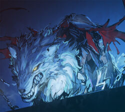  1boy animal animal_focus cape fate/grand_order fate_(series) full_body headless hessian_(fate) holding holding_sickle horseback_riding lobo_(fate) looking_ahead melon22 on_animal oversized_animal red_cape riding sharp_teeth sickle sketch teeth torn_cape torn_clothes wing_collar wolf yellow_eyes 