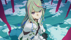  1girl aqua_flower black_shirt black_sleeves blue_streaks capelet choker colored_eyelashes crying crying_with_eyes_open flower girls_revolution_project green_hair hair_ornament highres hinageshi_(girls_revolution_project) ibaraki_shun kamitsubaki_studio leaf_hair_ornament leaf_print long_hair multicolored_hair official_art outdoors pink_streaks prayer_ribbon shirt shorts snow solo streaked_hair swept_bangs tears upper_body violet_eyes virtual_youtuber waist_cape white_capelet white_shorts 