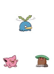  closed_mouth diglett flower flying highres hoppip lily_pad looking_at_another looking_at_object lotad missing_headwear mole no_humans nose plant_monster pokemon pokemon_(creature) simple_background spinning surippa1010 tail waving white_background 