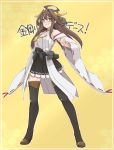  1girl boots brown_hair double_bun hair_ornament kantai_collection kongou_(kantai_collection) long_hair long_sleeves looking_at_viewer nacl nontraditional_miko personification pleated_skirt skirt smile solo thigh_boots thighhighs wide_sleeves zettai_ryouiki 