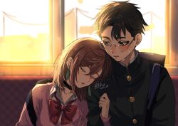 1boy 1girl ayase_momo black_choker black_hair black_jacket blush bow bowtie brown_hair buttons choker closed_eyes commentary_request crossed_bangs dandadan earrings gakuran glasses hair_between_eyes head_on_another's_shoulder hetero jacket jewelry kami_high_school_uniform leaning_on_person looking_at_another loose_bowtie medium_hair nandemo_unknown nervous_sweating parted_lips pink_sweater red_bow red_bowtie round_eyewear school_uniform shirt short_hair signature sunset sweat sweater takakura_ken_(dandadan) upper_body white_shirt 