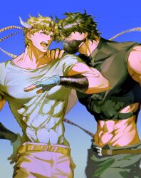  2boys battle_tendency caesar_anthonio_zeppeli commentary_request feather_hair_ornament feathers hair_ornament headband jiko7777_null jojo_no_kimyou_na_bouken joseph_joestar joseph_joestar_(young) korean_commentary male_focus mask mouth_mask multicolored_scarf multiple_boys muscular muscular_male scarf striped_clothes striped_scarf triangle_print vertical-striped_clothes vertical-striped_scarf 