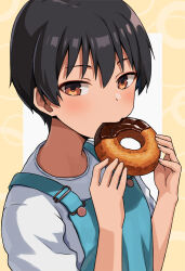  1girl black_hair border breasts brown_eyes chewing choco_fashion chocolate-covered_food commentary_request doughnut eating food hashi looking_at_viewer mg_mg nitsui_mutsuki_(hashi) old-fashioned_donut original overalls paid_reward_available shirt short_bangs short_hair solo tan tomboy white_shirt yellow_border 