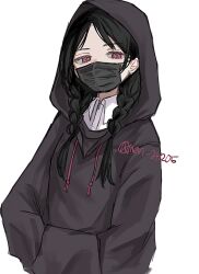  1girl black_hair black_hoodie braid braided_twintails fate/grand_order fate_(series) hand_in_pocket highres hood hoodie long_hair long_sleeves looking_at_viewer mask meri_241205 mouth_mask no_name_assassin_(fate) red_eyes shirt simple_background solo upper_body white_background 