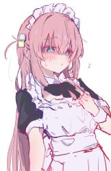  1girl absurdres apron black_bow black_bowtie blue_eyes blush bocchi_the_rock! bow bowtie embarrassed gotoh_hitori hair_between_eyes hair_ornament hand_on_own_chest highres kemu1209 long_hair looking_to_the_side maid maid_apron maid_headdress mole mole_under_eye open_mouth pink_hair short_sleeves sidelocks simple_background solo sweat sweatdrop translation_request very_long_hair white_background 