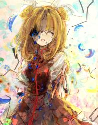  1girl amputee android blonde_hair blush closed_eyes commentary damaged double_bun hair_bun highres joutouguu_mayumi mechabare medium_hair open_mouth reaching reaching_towards_viewer red_ribbon red_skirt red_vest ribbon shirt skirt solo tagme touhou uwazumi vest white_shirt wily_beast_and_weakest_creature 