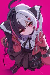  1girl :o absurdres ahoge ascot belt_buckle belt_collar black_collar black_hair black_pantyhose black_ribbon black_shoes black_tail brown_skirt buckle clothes_writing collar collared_shirt demon_tail double-parted_bangs expressionless eyeliner facial_mark from_above hair_ornament head_tilt heart heart_hair_ornament high_tops highres jacket lacrimosa_(neverness_to_everness) layered_skirt long_hair long_sleeves looking_at_viewer makeup marking_on_cheek miniskirt multicolored_hair neck_ribbon neverness_to_everness open_clothes open_jacket pantyhose parted_hair parted_lips pink_background pink_streaks puffy_long_sleeves puffy_sleeves red_eyeliner red_eyes red_jacket ribbon ripples shirt shirt_tucked_in shoes simple_background single_hair_intake skirt sleeve_garter sleeves_past_fingers sleeves_past_wrists sneakers solo split-color_hair standing streaked_hair tail twintails unzipped upturned_eyes white_ascot white_hair white_shirt wing_collar x_hair_ornament yame_pi zipper_pull_tab 