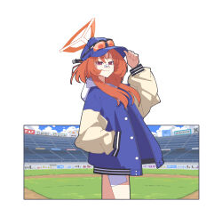  1girl absurdres adjusting_clothes adjusting_headwear bandaid bandaid_on_face bandaid_on_nose baseball_cap baseball_stadium blue_archive blue_hat blue_jacket border closed_mouth commentary cowboy_shot eyewear_on_head grey_jacket halo hand_in_pocket hand_up hat highres jacket long_hair multicolored_jacket open_clothes open_jacket orange-tinted_eyewear orange_hair orange_halo rei_(blue_archive) smile solo sunglasses tinted_eyewear toucho3691 two-tone_jacket violet_eyes white_border 