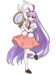  :o absurdres animal_ears brown_shoes carrot_print food_print highres kneehighs loafers long_hair lunatic_gun necktie nnn_lu one-hour_drawing_challenge orange_skirt purple_hair rabbit_ears red_eyes red_necktie reisen_udongein_inaba shirt shoes skirt socks touhou very_long_hair white_shirt white_socks 