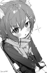  1girl absurdres animal_ear_fluff animal_ears blazer blue_archive chair cross cross_hair_ornament greyscale hair_ornament halo highres inverted_cross jacket looking_at_viewer mismatched_pupils monochrome on_chair plaid_clothes plaid_skirt sanso_aki scarf shiroko_(blue_archive) shiroko_(young)_(blue_archive) sitting skirt solo wolf_ears wolf_girl 