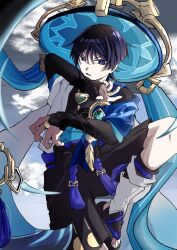  1boy anemo_symbol_(genshin_impact) armor belt black_belt black_bodysuit black_bow black_bridal_gauntlets black_hair black_sandals black_shorts blue_cape blue_hat blue_jingasa blue_kimono blunt_ends bodysuit bow bridal_gauntlets bright_pupils cape clouds cloudy_sky curled_fingers feathers fingernails furisode gem genshin_impact gold gold_ring green_gem grey_sky hakama hakama_shorts hands_up hat highres japanese_armor japanese_clothes jingasa juban kimono knee_up kote kurokote leg_warmers male_focus middle_ring open_clothes open_kimono outdoors parted_lips pleated_shorts pom_pom_(clothes) purple_rope purple_sash rope sandals sash scaramouche_(genshin_impact) shorts side_cape sky solo stirrup_legwear toeless_legwear toenails toes tsurime tubakineco2006 uneven_eyes upper_body violet_eyes wanderer_(genshin_impact) white_kimono white_leg_warmers white_mouth white_pupils wispy_bangs yellow_feathers zouri 