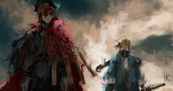  2girls black_hair blonde_hair brown_eyes buttons cape clouds cloudy_sky coat commentary_request crest double-breasted family_crest fate/grand_order fate_(series) hair_between_eyes hat highres holding holding_sword holding_weapon katana long_hair medium_hair multiple_girls obi obiage oda_nobunaga_(fate) oda_nobunaga_(koha-ace) oda_uri okita_souji_(fate) okita_souji_(koha-ace) painterly peaked_cap re_gulus red_eyes sash scarf signature sky sword weapon 