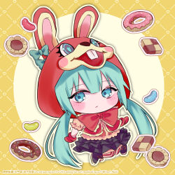  1girl alternate_costume animal_ears animal_hood argyle_background black_boots black_skirt blue_eyes blue_hair blush_stickers boots bow buck_teeth candy checkerboard_cookie chibi chibi_only chocolate_donut commentary_request cookie deformed dessert doughnut expressionless fake_animal_ears food frilled_bow frilled_skirt frills gloves hatsune_miku highres hood jelly_bean kinoshita_aki knees_together_feet_apart large_bow long_hair no_nose orange_background outline pantyhose pink_gloves pink_pantyhose puffy_short_sleeves puffy_sleeves rabbit_ears rabbit_hood short_sleeves skirt solo sprinkles striped_clothes striped_pantyhose sweets teeth twintails two-tone_pantyhose vertical-striped_clothes vertical-striped_pantyhose vocaloid watermark white_outline white_pantyhose 
