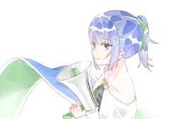  1girl bare_shoulders black_tube_top blue_eyes blue_hair closed_mouth collarbone commentary english_commentary flag from_side hair_ornament hand_up harumore33 holding holding_megaphone kiritani_haruka long_sleeves looking_at_viewer megaphone official_alternate_costume official_alternate_hairstyle ponytail project_sekai shrug_(clothing) sidelocks sideways_glance simple_background solo star_(symbol) star_hair_ornament strapless tube_top upper_body white_background white_shrug yakusoku_no_passerelle_(project_sekai) 