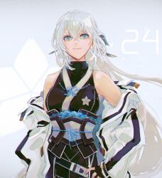  1girl bare_shoulders black_gloves blue_eyes breasts closed_mouth countdown crossed_bangs double-parted_bangs eiyuu_densetsu falling_petals fingerless_gloves floating_hair gloves grey_background hair_between_eyes hand_on_own_hip holding holding_sword holding_weapon jacket jacket_partially_removed katana kuro_no_kiseki_(series) kuro_no_kiseki_i light_smile long_sidelocks looking_at_viewer medium_breasts miche_(locominima) petals shizuna_rem_misurugi sidelocks simple_background snowflake_print snowflake_print_background solo sword twitter_username upper_body weapon white_hair white_petals zooming_in 