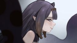  1girl absurdres blue_eyes brown_hair brown_hairband closed_mouth commentary english_commentary f1shtako from_side hairband highres hololive hololive_english long_hair ninomae_ina'nis ninomae_ina'nis_(1st_costume) pointy_ears profile purple_hair red_pupils smile solo tentacle_hair tentacles virtual_youtuber 