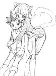  2boys :3 animal_ears boots cat_ears catboy crossed_legs_(standing) doll_joints gon_freecss height_difference hug hunter_x_hunter leaning_on_person legs long_hair long_sleeves monochrome multiple_boys nefelpitou pointy_hair rand_(artist) shorts simple_background sketch tail tank_top waistcoat wavy_hair white_background 