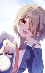  1girl absurdres blue_shirt brown_hair candy fang food hair_ornament hair_over_one_eye hairpin head_rest heaven_burns_red highres holding holding_candy holding_food holding_lollipop incoming_gift kayamori_ruka lollipop necktie one_eye_covered open_clothes open_shirt puyopiku red_eyes red_necktie shirt short_hair teeth upper_body upper_teeth_only white_shirt 