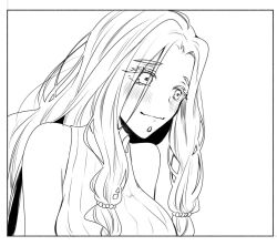  1girl bare_shoulders blush fate/grand_order fate_(series) kizakikigeki28 long_hair looking_ahead low-tied_sidelocks monochrome quetzalcoatl_(fate) sidelocks sleeveless sleeveless_sweater smile solo sweater turtleneck turtleneck_sweater upper_body 