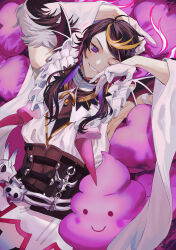  1boy absurdres armpits black_corset black_hair blonde_hair blue_hair corset demon_wings detached_collar detached_sleeves earrings gloves gradient_clothes half_gloves hat highres jewelry looking_at_viewer lying male_focus medium_hair mege_(megechan) multicolored_hair nijisanji nijisanji_en on_back one_eye_closed orange_hair purple_hair purple_nails shirt shu_yamino single_earring sleeveless smile solo streaked_hair teeth violet_eyes white_gloves white_shirt wide_sleeves wings wizard_hat 