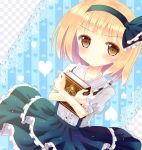  1girl alice_margatroid alice_margatroid_(pc-98) blonde_hair blue_background blush book brown_eyes checkered frilled_skirt frills grimoire hairband hazakura_satsuki heart lace looking_at_viewer puffy_sleeves ribbon shirt short_hair short_sleeves simple_background skirt solo striped touhou white_shirt young 