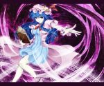  1girl alternate_color alternate_hair_color blue_dress blue_hair book bow capelet crescent dress hair_bow hair_ornament hat hat_bow kz_nagomiya long_hair long_sleeves looking_at_viewer magic_circle mob_cap open_book open_hand open_mouth outstretched_arm patchouli_knowledge purple_background socks solo striped striped_dress touhou violet_eyes 