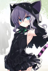  1boy 1girl animal_ears animal_hood armpits bald bare_shoulders black_coat black_dress black_gloves blue_eyes blush bow bowtie breasts cat_ears cat_hood cat_tail closed_mouth coat commentary_request dress elbow_gloves fake_animal_ears fake_tail frilled_dress frills gloves green_bow grey_hair hand_in_own_hair highres hood indie_virtual_youtuber long_hair looking_at_viewer mr._x_(resident_evil) otsuyama_heidi resident_evil resident_evil_2 resident_evil_2_(remake) small_breasts striped_tail sweatdrop tail tree umaway white_background 