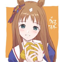  1girl animal_ears blue_eyes blue_jacket blush bow brown_hair commentary_request dandelion ear_bow ear_ribbon flower grass_wonder_(stone-piercing_blue)_(umamusume) grass_wonder_(umamusume) highres holding horse_ears horse_girl jacket long_hair long_sleeves looking_at_viewer multicolored_hair open_mouth panch4989new sailor_collar smile solo umamusume upper_body white_hair white_sailor_collar 