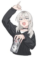 1girl beer_can black_choker black_sweater blue_eyes blush brand_name_imitation can choker commentary_request drink_can drunk girls_band_cry grey_hair holding holding_can kawaragi_momoka long_hair looking_at_viewer open_mouth pinky_out red_eyes simple_background solo suru_(seiya) sweater white_background 