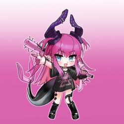  1girl baseball_bat blue_eyes blush boots chibi choker dragon_horns dragon_tail elizabeth_bathory_(fate) elizabeth_bathory_(perfect)_(first_ascension)_(fate) fang fate/grand_order fate_(series) full_body horns legwear_garter long_hair looking_at_viewer nail_(hardware) nail_bat open_mouth particle_pfli pink_hair shirt smile solo tail 