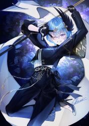  1girl ;d absurdres arms_up black_gloves black_jacket black_pants black_shoes blue_eyes blue_hair bracelet commentary double-parted_bangs english_commentary feather_hair flag gloves grin hair_between_eyes high-waist_pants high_heels highres holding holding_flag hololive hoshimachi_suisei hoshimachi_suisei_(spectra_of_nova) jacket jewelry layered_sleeves long_sleeves looking_at_viewer niharai official_alternate_costume official_alternate_hairstyle one_eye_closed pants shirt shirt_tucked_in shoes short_hair short_over_long_sleeves short_sleeves smile solo star_(symbol) star_in_eye symbol_in_eye virtual_youtuber white_shirt 