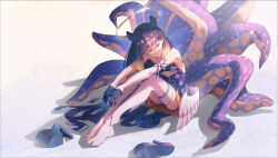  1girl absurdres animal_ears aqby69 bare_shoulders barefoot black_hair closed_eyes detached_sleeves dress english_commentary feathered_wings halo headpiece high_heels highres hololive hololive_english multicolored_hair ninomae_ina'nis sidelocks simple_background single_sleeve single_thighhigh sleeveless sleeveless_dress smile solo sunlight tentacles thigh-highs white_background wings 