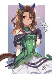  1girl animal_ears bare_shoulders black_gloves blush bow breasts brown_hair buttons closed_mouth coat commentary_request double-breasted dress ear_bow ear_covers ear_ribbon gloves green_bow green_dress hand_on_own_chest highres horse_ears horse_girl horse_tail king_halo_(king_of_emeralds)_(umamusume) king_halo_(umamusume) looking_at_viewer looking_to_the_side madori_(sayuri5) off-shoulder_coat off-shoulder_dress off_shoulder red_eyes signature solo star_(symbol) tail umamusume 
