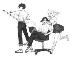  1girl 2boys absurdres ahoge blush broom chair colored_inner_hair crossed_legs fate/grand_order fate_(series) fujimaru_ritsuka_(female) fujimaru_ritsuka_(male) full_body highres holding holding_broom john_lackland_(fate) loose_socks medium_hair multicolored_hair multiple_boys on_chair one_side_up open_mouth pants school_uniform shirt shoes short_hair sitting skirt smile socks standing tawagoto1032 two-tone_hair 
