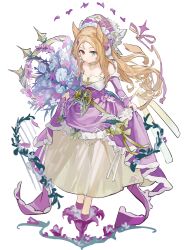 1girl absurdres alternate_costume animal_ears archetto_(arknights) arknights blonde_hair blue_eyes bouquet breasts chinese_commentary commentary_request detached_sleeves dress full_body hat heterochromia highres holding holding_bouquet hongshaoniuroudamifen long_hair looking_at_viewer purple_dress purple_hat purple_sleeves red_eyes solo standing white_background 