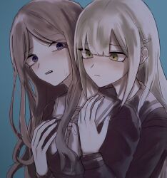 2girls bang_dream! bang_dream!_it's_mygo!!!!! blush brown_hair closed_mouth grabbing_from_behind green_hair grey_eyes highres hug hug_from_behind long_hair long_sleeves multiple_girls nagasaki_soyo open_mouth portrait school_uniform sidelocks simple_background tsukinomori_school_uniform wakaba_mutsumi wkrhfhsk yellow_eyes yuri 