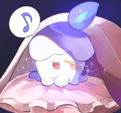  arrow_cupertino blue_fire candle closed_eyes fire highres litwick musical_note no_humans open_mouth pillow pokemon pokemon_(creature) pokemon_focus purple_fire smile spoken_musical_note under_covers yellow_eyes 
