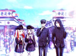  2boys 2girls architecture bandaged_head bandages black_hair black_serafuku candy_apple chocolate-covered_food chocolate_banana cigarette commentary_request crowd east_asian_architecture festival food gakuran gakuseibou geminism grey_hair hat hirosoma_kikyou hirosoma_shinku long_hair looking_at_another multiple_boys multiple_girls outdoors pantyhose peaked_cap red_eyes school_uniform serafuku siblings sisters skirt smoking tsukishiro_tsukishiro twins violet_eyes white_pantyhose yamaga_awasumi zonsters 