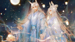  1boy 1girl animal_ears baishuo_(shining_nikki) beads black_sky blue_hanfu blue_robe candle chinese_clothes chinese_commentary circlet closed_mouth commentary_request cowboy_shot crescent crescent_earrings crescent_hair_ornament earrings extra_ears eyelashes faint_moon_dew_(shining_nikki) fire frilled_sleeves frills full_moon hagoromo hair_beads hair_ornament hand_fan hanfu hetero highres holding holding_fan holding_hands holding_lantern jewelry lantern layered_sleeves light_particles lips lipstick long_hair long_sleeves looking_at_another makeup mengke_ruoruo moon night nikki_(series) nostrils outdoors paper_lantern parted_lips pink_lips pom_pom_(clothes) pom_pom_hair_ornament purple_hanfu qingyue_(shining_nikki) rabbit_boy rabbit_ears rabbit_girl rabbit_hair_ornament realistic red_eyes red_lips robe shawl shining_nikki short_over_long_sleeves short_sleeves sky smoke tassel topknot tuanshan very_long_hair wavy_hair white_hair yellow_eyes 