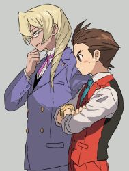  2boys ace_attorney antenna_hair apollo_justice apollo_justice:_ace_attorney badge blazer blonde_hair blue_eyes blue_necktie blue_suit bracelet brown_eyes brown_hair button_badge buttons clenched_hand closed_mouth collared_jacket collared_shirt commentary_request crossed_arms drill_hair glasses gold_bracelet grey_background hair_between_eyes hand_on_own_chin highres jacket jewelry korean_commentary kristoph_gavin light_blush long_hair looking_at_another multiple_boys neck_ribbon necktie open_mouth pants pink_ribbon red_pants red_vest ribbon secret9050 shirt short_hair simple_background smile suit sweatdrop vest white_shirt 