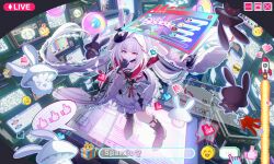  1girl absurdres black_boots black_gloves black_hat boots braid clothing_cutout evil_grin evil_smile facial_mark frilled_skirt frills from_above full_body gloves grin hat hat_ornament heart heart_emoji heart_facial_mark highres honkai:_star_rail honkai_(series) livestream long_hair long_sleeves looking_at_viewer looking_up mini_hat monitor multicolored_hair pink_eyes rabbit_hat_ornament red_hair red_streaks rogomarebuteki screen shirt shoulder_cutout skirt smile solo sparkle_(honkai:_star_rail) sparxie_(honkai:_star_rail) spoken_heart standing streaked_hair television thumbs_up_emoji twintails white_hair white_shirt wide_sleeves 