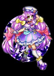  1girl black_background bow brown_eyes commentary_request cure_coral english_commentary facial_mark fingerless_gloves gloves green_eyes hair_bow hat heart heart_facial_mark magical_girl mixed-language_commentary multicolored_eyes open_mouth pink_bow precure purple_hair purple_shoes sailor_hat senmu_(0107) shoes simple_background smile solo suzumura_sango tropical-rouge!_precure twintails two-tone_bow yellow_bow 