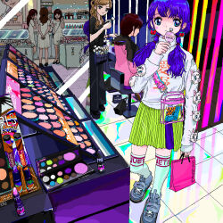  6+girls ace_akira artemis_(sailor_moon) bishoujo_senshi_sailor_moon blue_eyes bottle bow bow_earrings brown_hair crossbody_bag earrings green_skirt grey_shoes highres holding holding_brush holding_perfume indoors jewelry long_hair makeup mirror multi-tied_hair multiple_girls on_stool original perfume_bottle print_shirt purple_hair shirt shoes sitting skirt socks standing stool thigh-highs tile_floor tiles twintails white_shirt white_skirt white_socks 