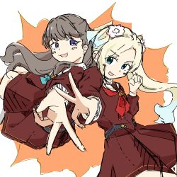  2girls absurdres back-to-back blonde_hair blue_eyes blue_hair border brown_dress brown_hair dress flower foreshortening fujishima_megumi gradient_hair gyaru_v hair_flower hair_ornament hasu_no_sora_school_uniform highres long_hair long_sleeves looking_at_viewer love_live! love_live!_hasu_no_sora_jogakuin_school_idol_club medium_dress mira-cra_park! multicolored_hair multiple_girls neckerchief orange_background osawa_rurino outside_border outstretched_arm parted_bangs pink_flower pleated_dress red_neckerchief sailor_collar sailor_dress school_uniform sugaryu_(su37347929d) twintails two_side_up v violet_eyes virtual_youtuber white_border white_sailor_collar winter_uniform 