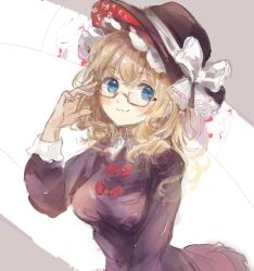  1girl :3 adjusting_eyewear bespectacled black_hat blue_eyes blush bow breasts closed_mouth clothes_writing collared_dress commentary_request contrast_collar dress dress_bow glasses hat hat_bow long_hair maribel_hearn mob_cap multiple_hats purple_dress raised_eyebrows red-framed_eyewear red_bow runes sleeve_cuffs solo touhou uwazumi white_bow white_hat 