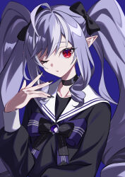  1girl absurdres alternate_costume alternate_hairstyle black_bow black_choker black_sailor_collar black_serafuku black_shirt blue_background bow bowtie choker collarbone commentary gem hair_bow hand_up highres kurenairan77 long_hair looking_at_viewer mole mole_under_eye one_eye_closed open_mouth pointy_ears purple_bow purple_bowtie purple_gem purple_hair red_eyes sailor_collar school_uniform serafuku shirt simple_background solo twintails untranslatable_commentary upper_body vivian_banshee zenless_zone_zero 