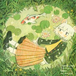  1girl animal_ears black_cardigan black_shoes cardigan commentary_request flower highres koi lily_pad long_sleeves lying mamei_mema mouse_ears mouse_girl open_cardigan open_clothes original outdoors plaid_clothes plaid_skirt shoes skirt socks solo water_lily_flower white_hair white_socks 