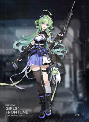  1girl ahoge assault_rifle asymmetrical_legwear bag bandaged_leg bandages black_thighhighs boots character_name detached_sleeves english_text explosive fingerless_gloves girls_frontline gloves green_hair grenade grenade_pin gun holding holding_grenade holding_gun holding_weapon long_hair official_art rifle robinson_armaments_xcr shoulder_bag single_thighhigh solo stun_grenade thigh-highs violet_eyes weapon xcr_(girls'_frontline) 